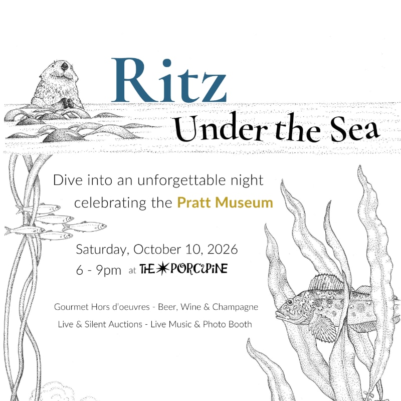 A black and white illustration of underwater flora and fauna with text announcing a "Ritz Under the Sea" event.