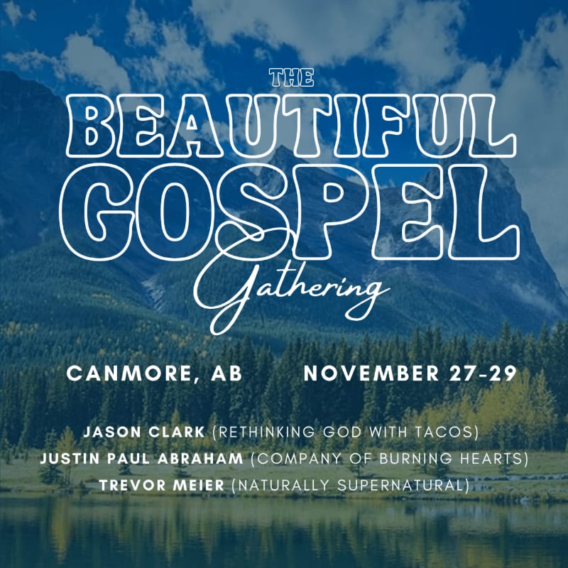 A serene lake reflects a mountainous landscape under a cloudy blue sky, with event details for "The Beautiful Gospel Gathering" overlaid on the scene.