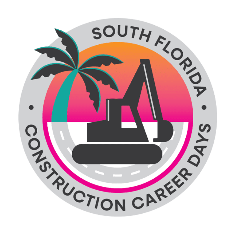 A palm tree and an excavator are silhouetted against a vibrant sunset, all within a circular emblem that reads "SOUTH FLORIDA CONSTRUCTION CAREER DAYS."