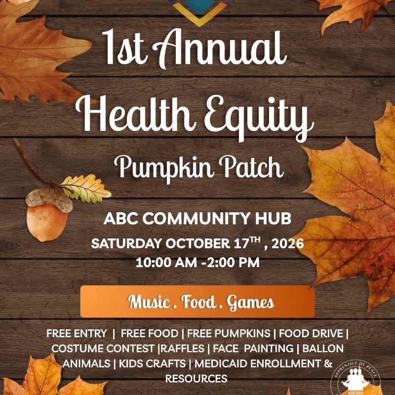 Autumn leaves and acorns frame a rustic wooden background advertising the "1st Annual Health Equity Pumpkin Patch" event.