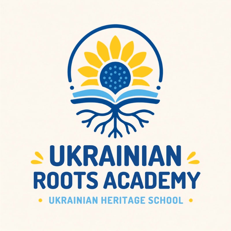 A logo featuring an open book with a sunflower and roots growing from it, set against a light cream background with the text "UKRAINIAN ROOTS ACADEMY UKRAINIAN HERITAGE SCHOOL" below.