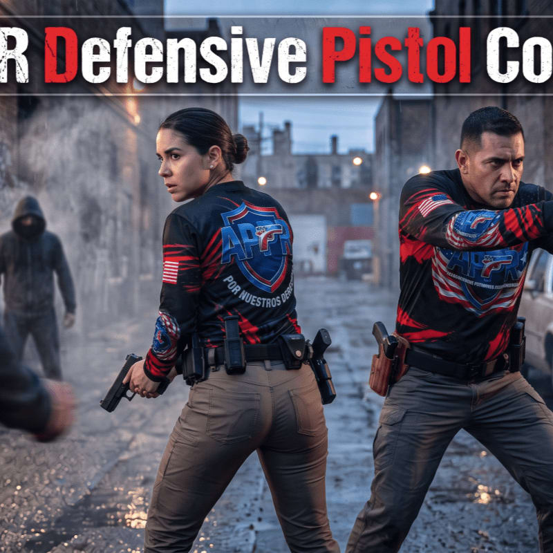 Two individuals in tactical gear aim handguns in a dimly lit alleyway with a hooded figure in the background.