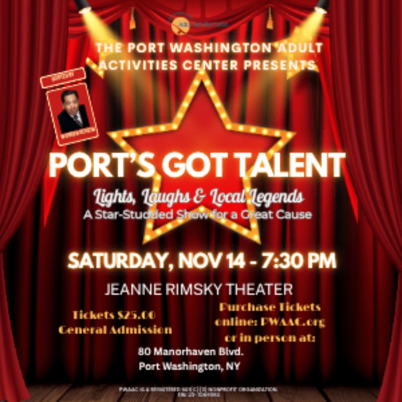 A red curtain backdrop frames a "Port's Got Talent" event poster with a large star graphic and event details.