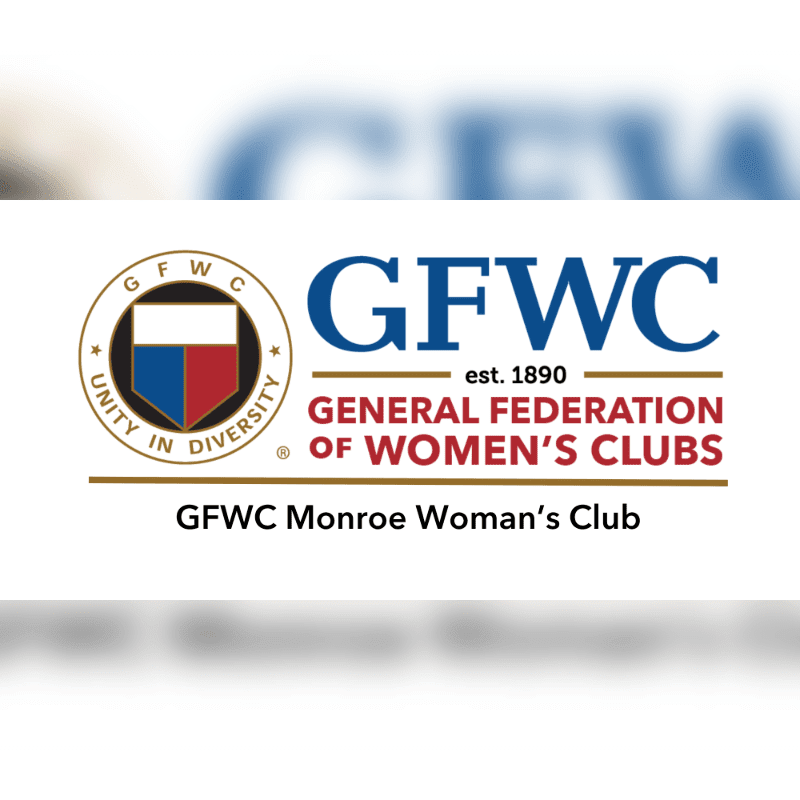 A logo for the GFWC Monroe Woman's Club is centered on a blurred white background.