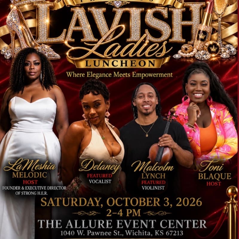 Four individuals, three women and one man, are featured in the foreground against a backdrop of opulent gold lettering and red satin announcing a "Lavish Ladies Luncheon."
