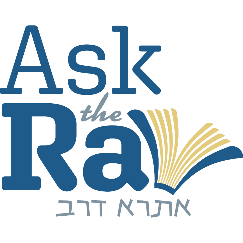 The foreground features the words "Ask the Rav" in large blue letters with an open book graphic, while the background is a clean white.