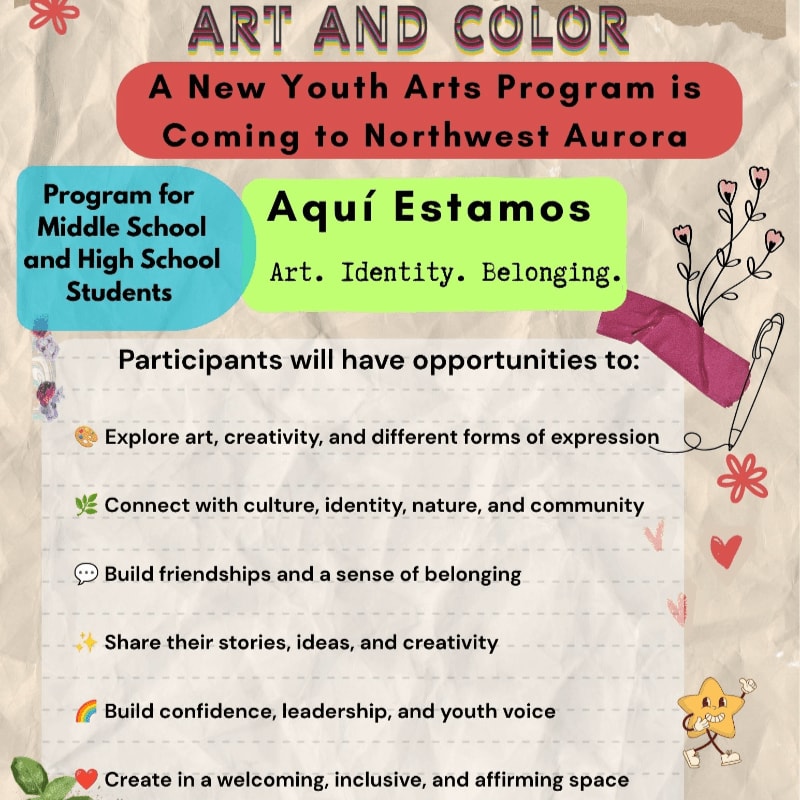 A colorful flyer announcing a youth arts program called "Aquí Estamos" is set against a textured background with floral and star accents.