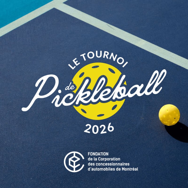 A yellow pickleball rests on a blue court in the foreground, with a tournament logo and sponsor information in the background.