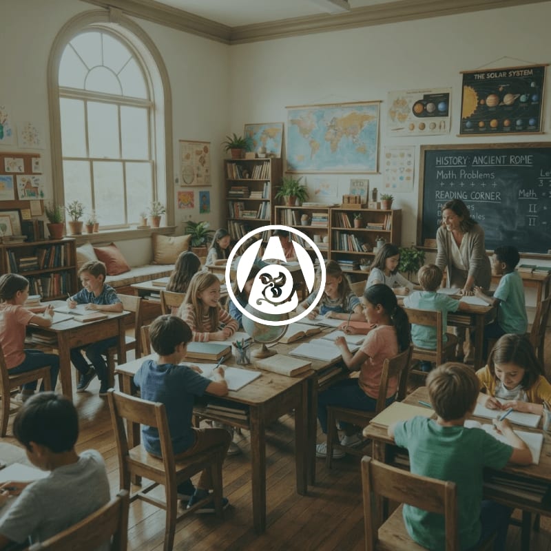Children are diligently working at their desks in a sunlit classroom with a teacher at the blackboard, while maps and educational charts adorn the walls.