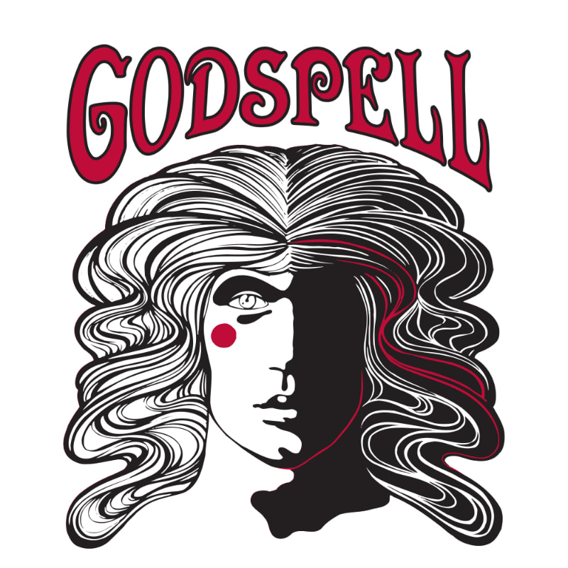 The word "GODSPELL" in red lettering arches over a stylized black and white portrait of a person with flowing hair, half of their face in shadow.