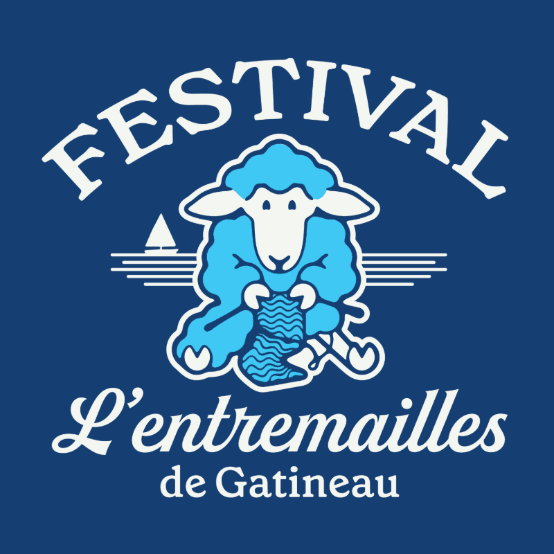 A blue sheep is knitting in the foreground, with a sailboat and wavy lines in the background, all set against a dark blue background with white text.