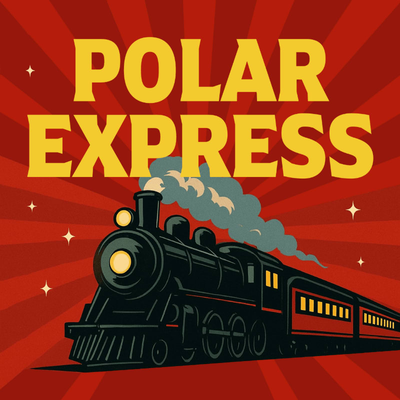 A vintage-style illustration features the "Polar Express" title in large yellow letters against a radiating red background, with a black steam locomotive puffing smoke in the foreground.