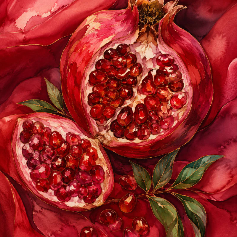 A halved pomegranate with glistening arils sits on a bed of rich red petals, with a few scattered arils and green leaves in the foreground.