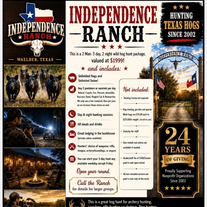 A poster advertises a wild hog hunting package at Independence Ranch, featuring images of wild boars in the foreground and a ranch entrance with flags in the background.