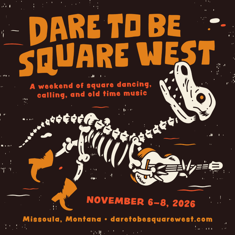 A skeleton dinosaur wearing cowboy boots and playing a guitar is featured in the foreground against a dark, textured background with event details for "Dare to Be Square West."