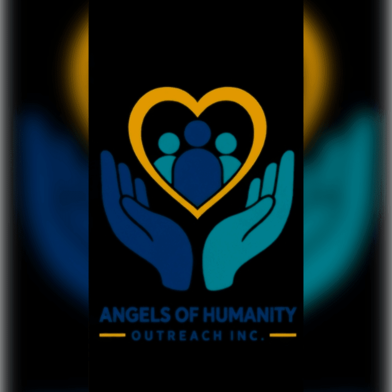Two hands, one blue and one teal, cradle a yellow heart containing three silhouetted figures, with the text "ANGELS OF HUMANITY OUTREACH INC." below, all set against a dark, blurred background with golden light accents.