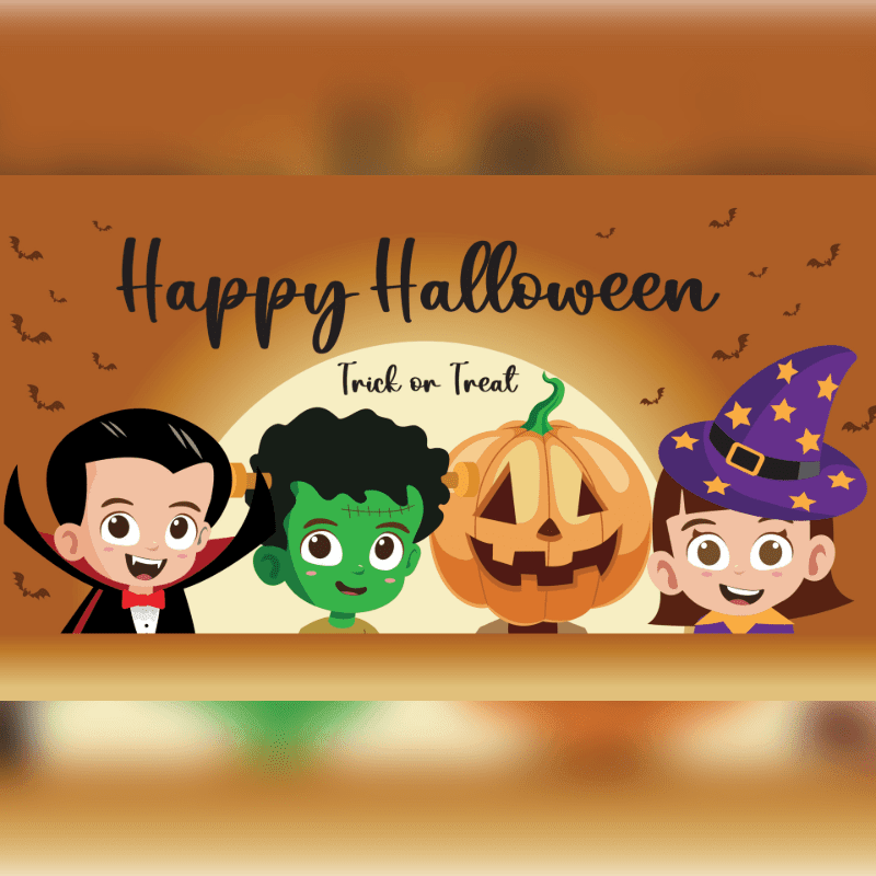 Four cartoon characters, a vampire, Frankenstein's monster, a jack-o'-lantern, and a witch, stand in front of a warm orange background with "Happy Halloween" and "Trick or Treat" text.