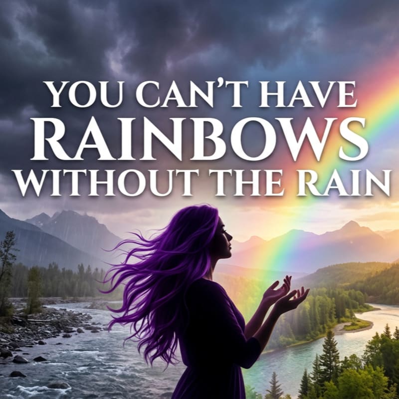 A woman with purple hair stands with her hands outstretched towards a vibrant rainbow arcing across a stormy sky, with a river flowing through a lush, mountainous landscape in the background.