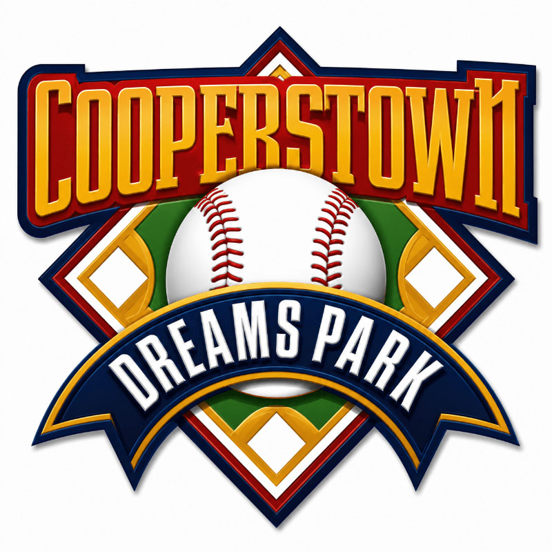 A baseball with red stitching sits in the foreground, superimposed on a logo for Cooperstown Dreams Park, which features a stylized diamond and banner.