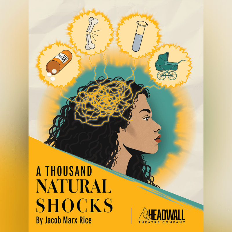 A woman's profile, with a chaotic brain depicted above her head, is surrounded by symbols of medicine, broken bones, a test tube, and a baby carriage, all set against a teal and yellow background with the title "A THOUSAND NATURAL SHOCKS" and "HEADWALL THEATRE COMPANY" at the bottom.
