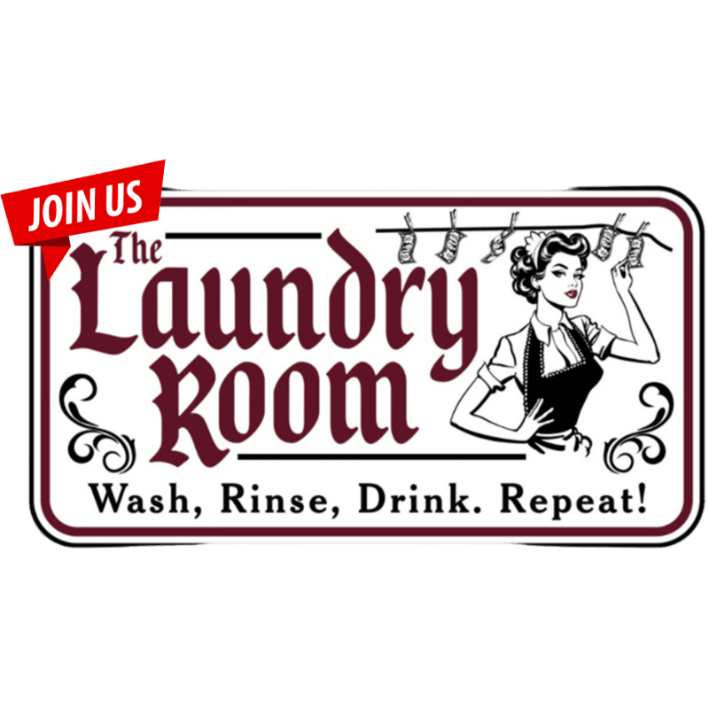 A retro-style sign for "The Laundry Room" features a woman hanging clothes in the background and the slogan "Wash, Rinse, Drink. Repeat!" in the foreground.