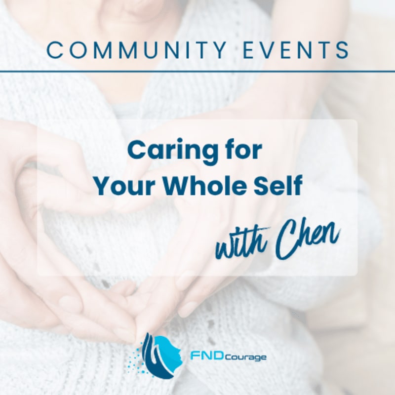 Two pairs of hands form a heart shape over a person's chest, with "COMMUNITY EVENTS" and "Caring for Your Whole Self with Chen" text overlaying the image.