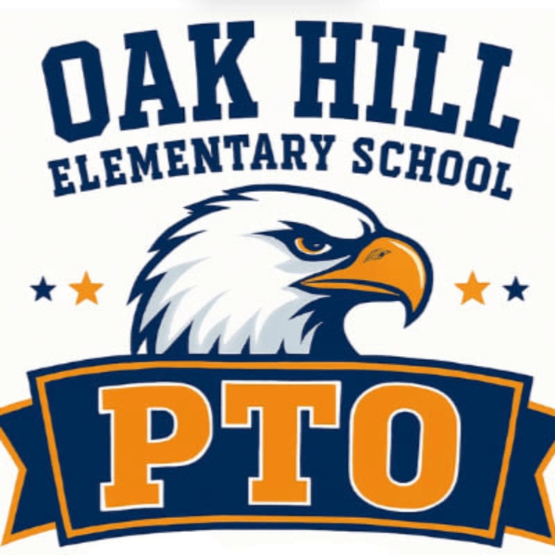 A fierce eagle's head is centered in the foreground, with "OAK HILL ELEMENTARY SCHOOL" emblazoned above and "PTO" in large letters below, all set against a plain white background.
