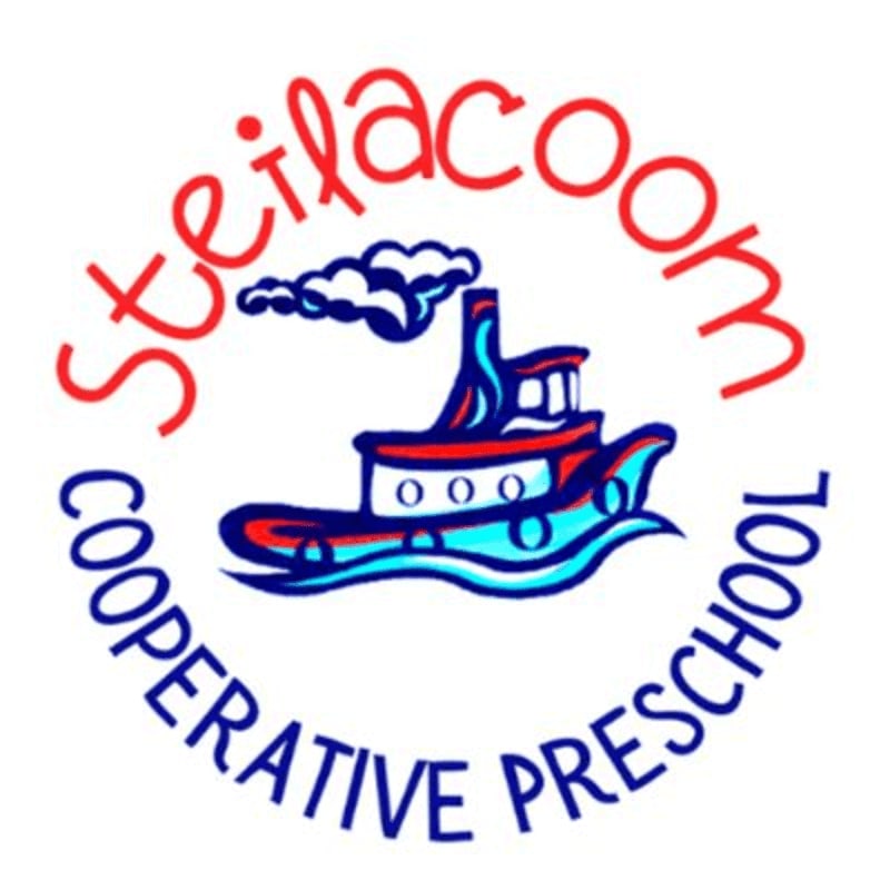 A cartoon tugboat with steam billowing from its stack sails on blue waves in the foreground, while the words "Steilacoom Cooperative Preschool" curve around it in the background.