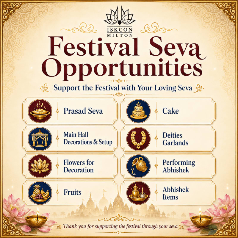 In the foreground, a list of festival seva opportunities is presented with accompanying icons, while the background features a decorative border and a silhouette of temple spires.