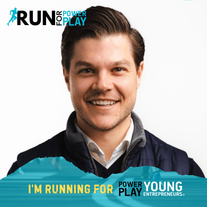 A smiling man in a jacket is in the foreground, with a "RUN for POWER PLAY" logo and "I'M RUNNING FOR POWER PLAY YOUNG ENTREPRENEURS" text in the background.