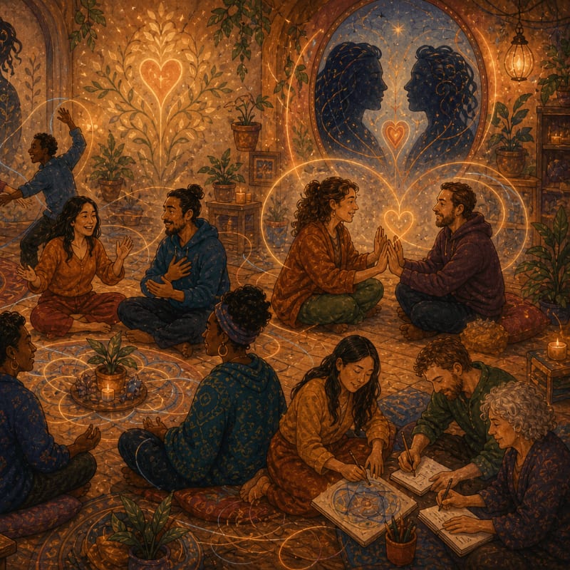 A group of people sit in a circle on the floor, some meditating and others drawing, while a warm, glowing light emanates from the background, illuminating ornate patterns and a silhouette of two hearts.