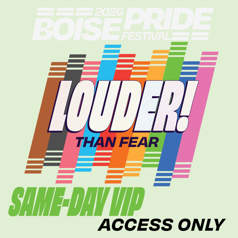Colorful diagonal stripes form the background for the bold text "LOUDER! THAN FEAR" in the foreground, with "SAME-DAY VIP ACCESS ONLY" at the bottom.