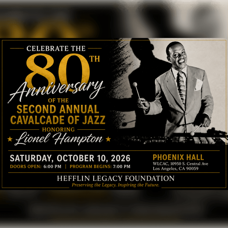 A vintage poster announces the 80th Anniversary of the Second Annual Cavalcade of Jazz honoring Lionel Hampton, with a photo of the jazz musician in the background.