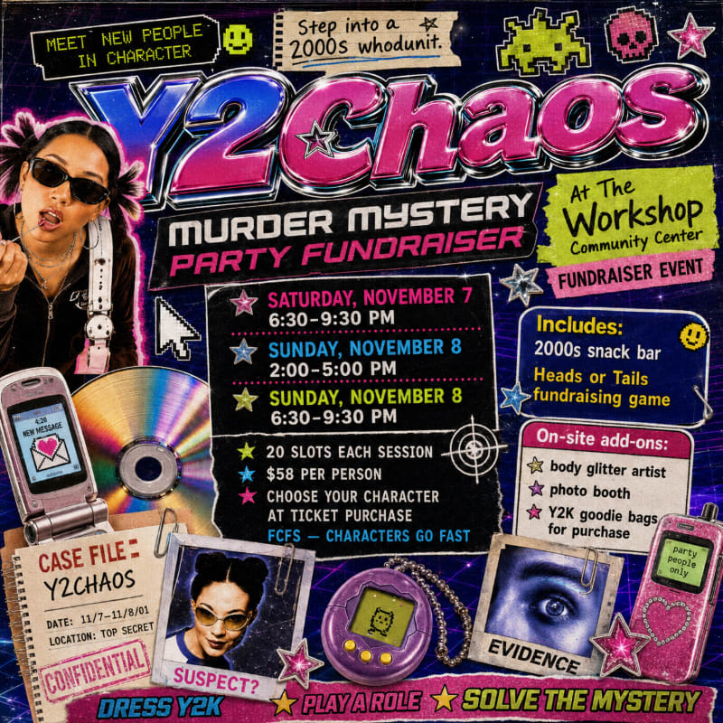 A Y2K-themed murder mystery party flyer with a woman in the foreground and event details in the background.