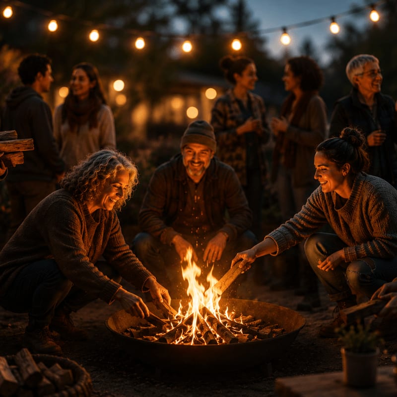 A group of friends gathers around a crackling bonfire in a backyard, illuminated by string lights overhead.