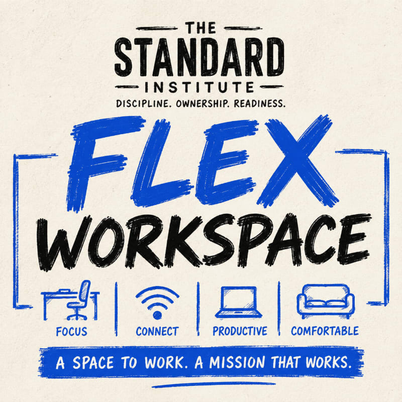 In the foreground, bold blue text proclaims "FLEX WORKSPACE" above icons representing focus, connectivity, productivity, and comfort, while the background features the logo for "THE STANDARD INSTITUTE" with its motto.