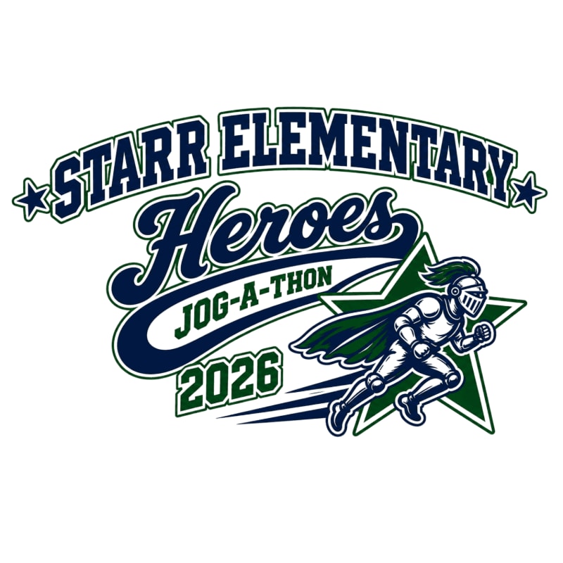 A superhero knight in armor with a green cape runs in the foreground, while the words "STARR ELEMENTARY Heroes JOG-A-THON 2026" are displayed in the background.