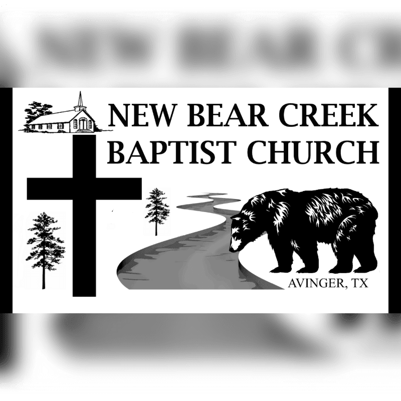 A black and white logo for New Bear Creek Baptist Church in Avinger, TX, features a cross and trees in the foreground, with a winding road and a bear in the background.