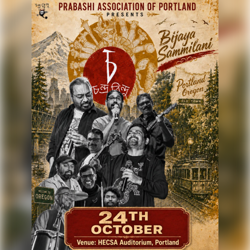 A band of musicians stands in front of a stylized cityscape with mountains and a streetcar in the background, under a red circular logo with Bengali script.