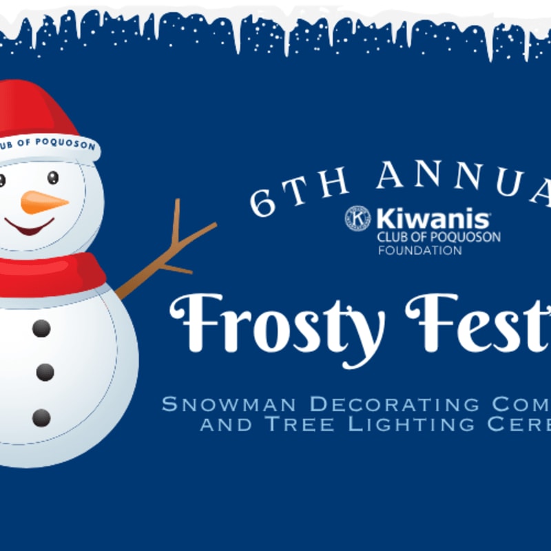 A cheerful snowman with a red hat and scarf stands on the left, while the right side of the blue background displays text for the "6th Annual Kiwanis Foundation Frosty Fest" event.
