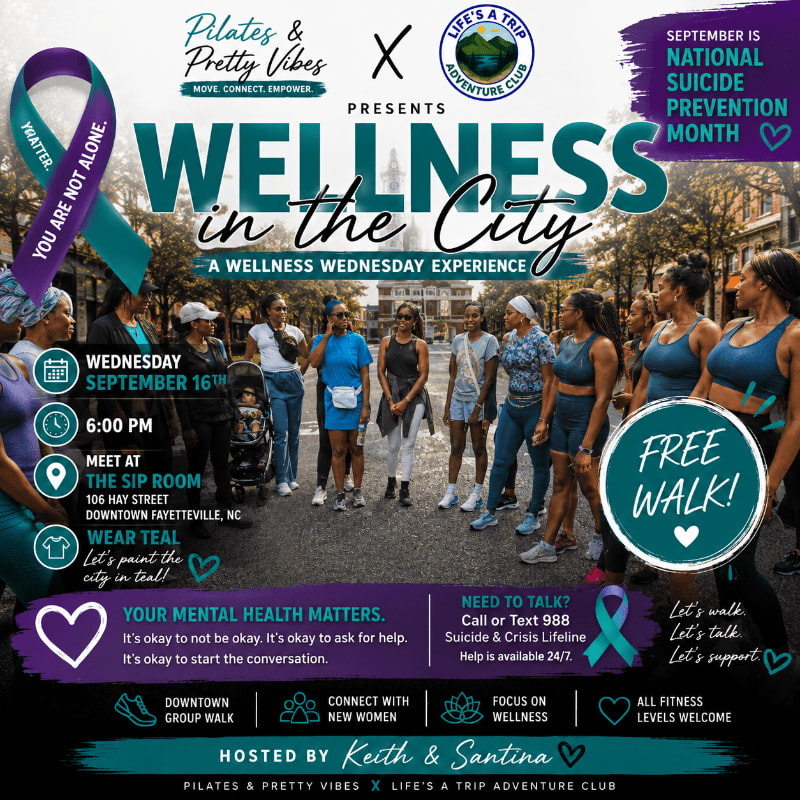 A group of women in athletic wear stands on a city street in front of a building, with event details about a "Wellness in the City" walk for Suicide Prevention Month displayed prominently.