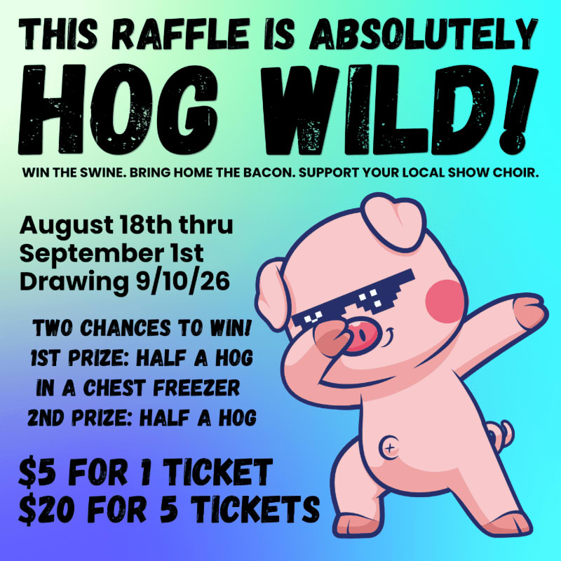 A cartoon pig wearing sunglasses dabs in the foreground against a colorful background advertising a raffle for a hog.