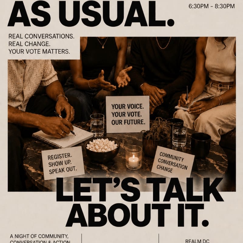 A group of people engage in a conversation around a table with snacks and signs, while bold text announces "LET'S TALK ABOUT IT."