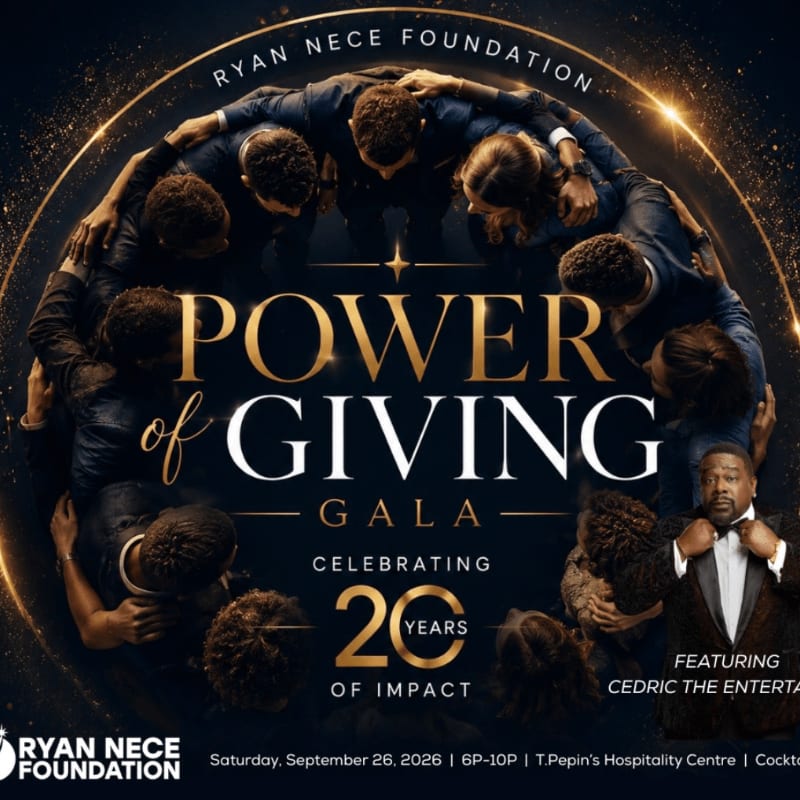 A group of people in formal attire huddle together in the foreground, surrounding the text "POWER OF GIVING GALA CELEBRATING 20 YEARS OF IMPACT" against a dark, glowing background with a portrait of Cedric the Entertainer on the right.