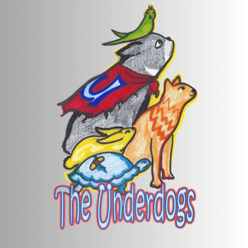 A group of cartoon animals, including a dog in a cape, a cat, a rabbit, and a turtle, are stacked on top of each other with a parrot perched on the dog's head, all set against a plain gray background with the words "The Underdogs" written below them.