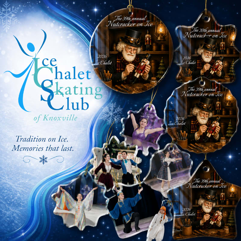 Ornate ornaments featuring scenes from "The Nutcracker on Ice" hang against a backdrop of the Ice Chalet Skating Club logo and festive snowflakes.