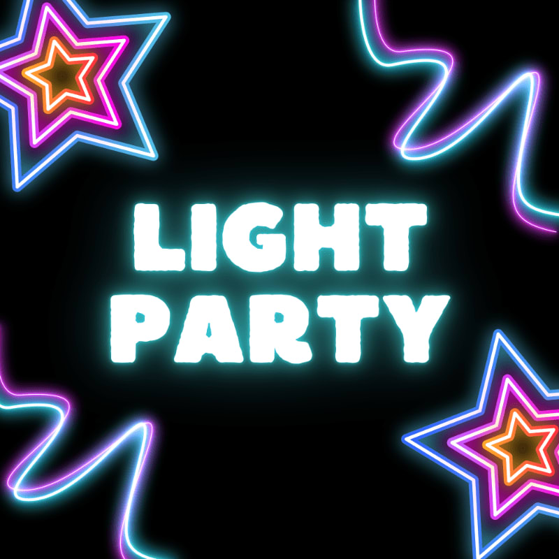Neon stars and swirling lights frame the words "LIGHT PARTY" in glowing blue letters against a dark background.