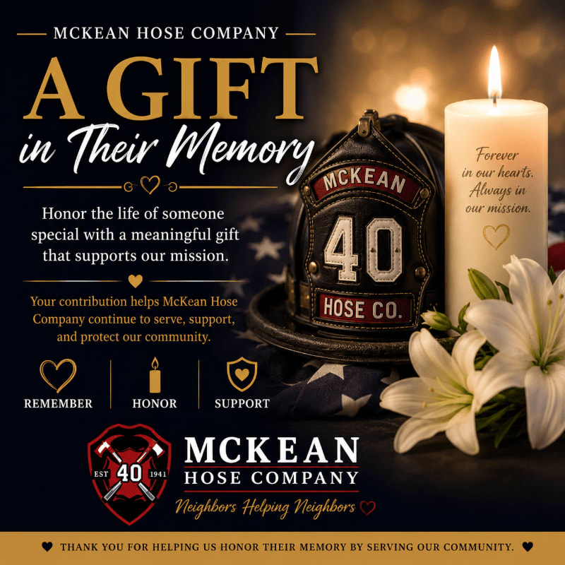 A firefighter's helmet and a lit candle with flowers in the foreground are set against a blurred background with American flag elements and text about honoring memories.