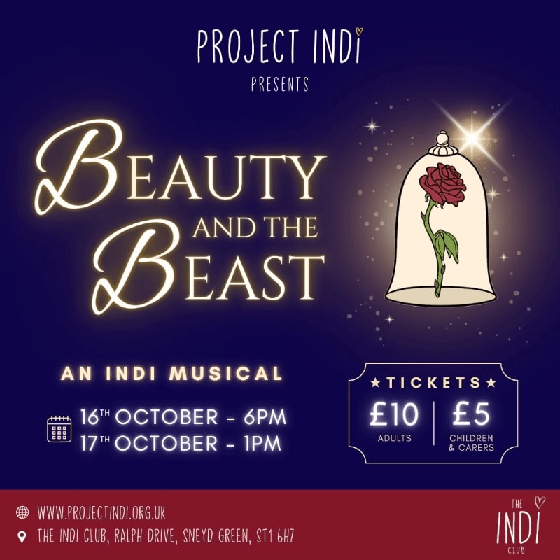 A dark blue background with glowing text announcing "Beauty and the Beast" in the foreground, and a stylized rose under a glass dome in the upper right corner.