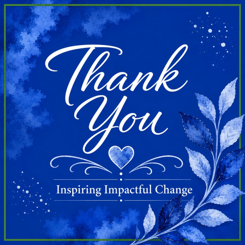 White script text reading "Thank You" is overlaid on a deep blue background with watercolor-like blue floral elements in the foreground and a green border.